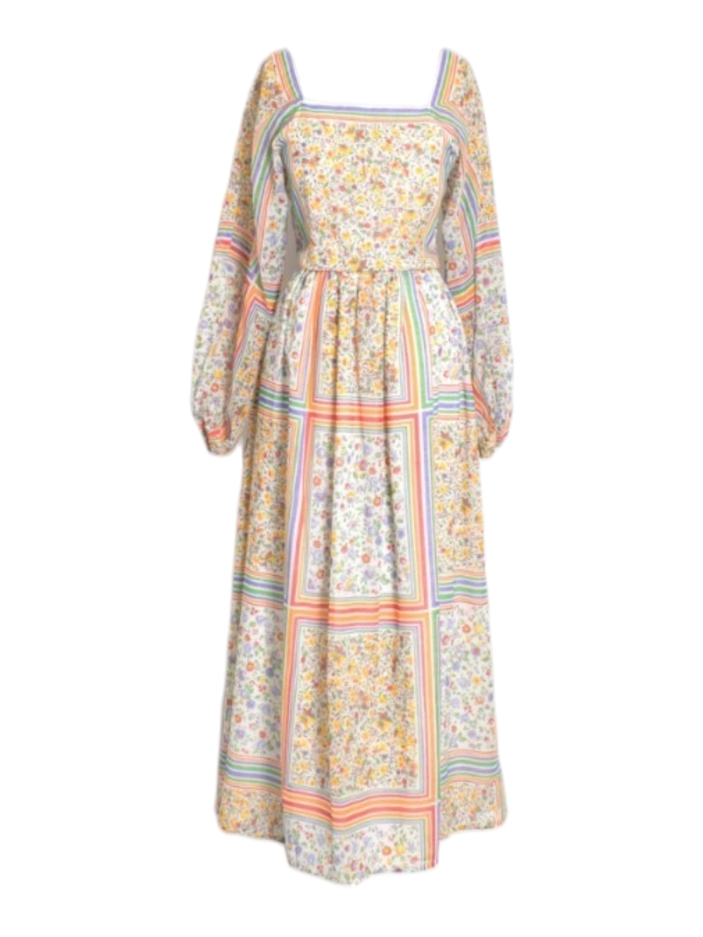 70s peasant-style cotton dress with rainbow stripes and a colorful floral print.